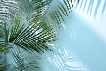 Fototapeta na wymiar Blurred shadow from palm leaves on the light blue wall. Minimal abstract background for product presentation. Spring and summer