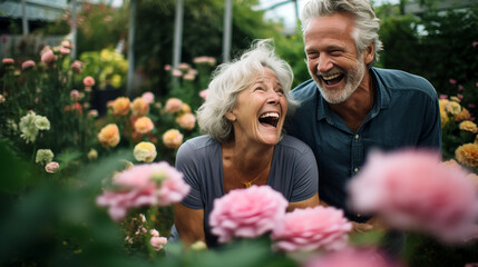 Happy mature couple having fun in the garden. Flower background, healthy retirement, fun and relaxing.