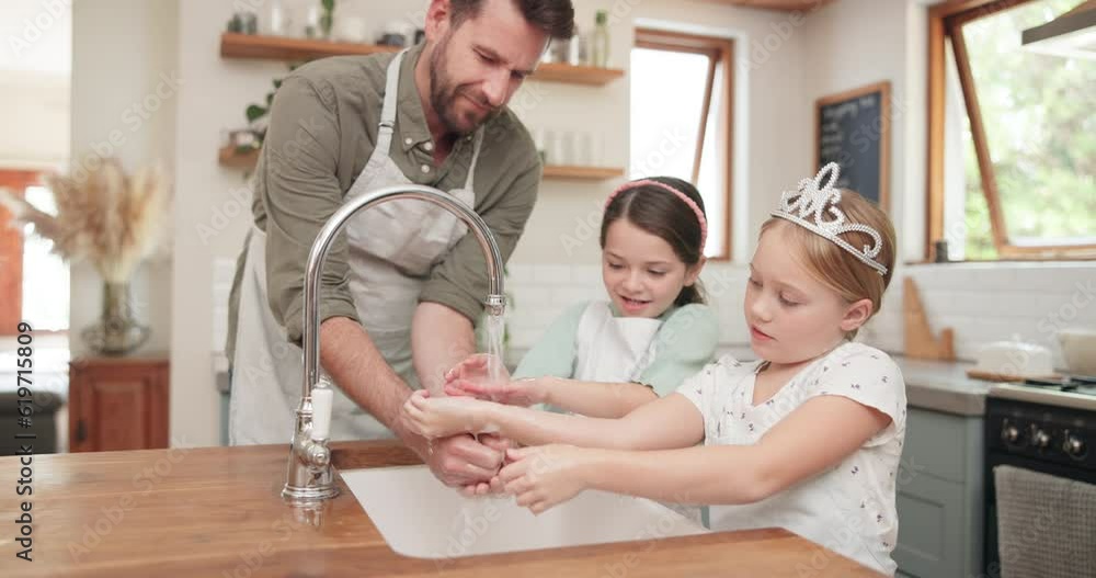 Sticker Cleaning, washing hands and father with children in kitchen for cooking, helping and learning. Water, wellness and support with man teaching kids in family home for health, bacteria and safety