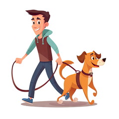 Cartoon character of person leading dog on white background