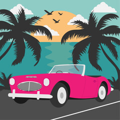 Vintage car on sunset with palm silhouette. Summer vacation vector illustration for flyer, poster, t-shirt design.