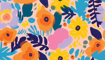 Hand drawn bright abstract flowers and leaves print. Cute modern cartoon style pattern. Fashionable template for design.
