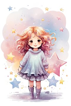 an illustration of a girl surrounded by stars. Cartoon style.