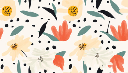 Hand drawn cute artistic flowers with dots print. Modern botanical pattern. Fashionable template for design.
