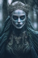 A norse scandinavian pagan goddess Hel with deadly makeup and a spooky crown on her head. Generative AI image.