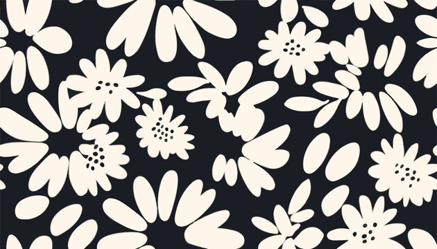 Fototapeta Hand drawn simple black and white abstract floral print. Trendy bright collage pattern. Fashionable template for design.
