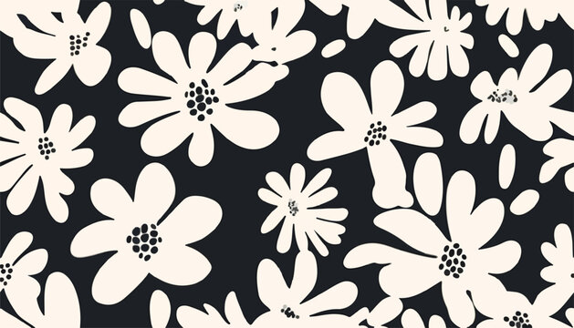 Fototapeta Hand drawn simple black and white abstract floral print. Trendy bright collage pattern. Fashionable template for design.