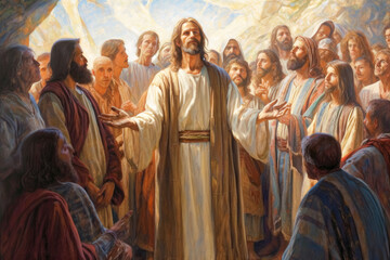 Painting of Jesus together with the disciples and the crowd in prayer to the Father Generative AI Illustration