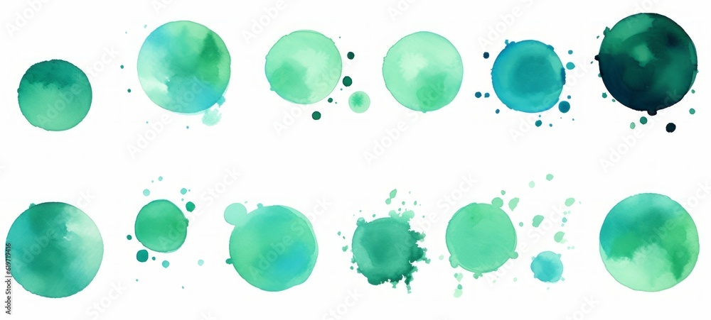 Aufkleber set of colorful different shades of green turquoise colors watercolor aquarelle circles splash point