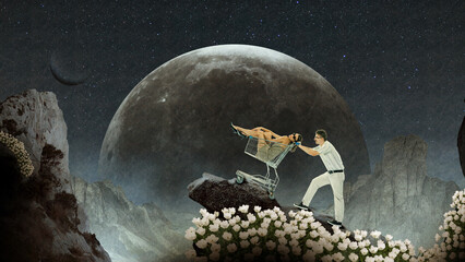 Contemporary art collage. Man carrying woman in shopping trolley over giant plant background....