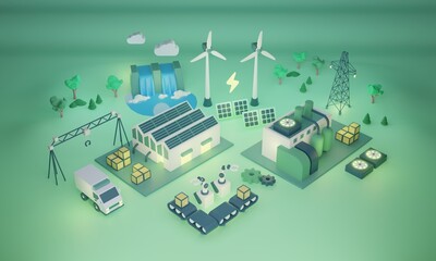 Green factory with nature friendly or sustainable power usage 3D illustration. Modern 5th generation production facility with alternative electricity and ecological resources consumption strategy. - obrazy, fototapety, plakaty