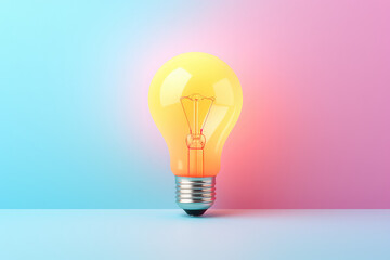 Creative concept of an idea. Glowing light bulb isolated on a pastel flat background with copy space for text. Light pastel blue, pink, yellow colors. Generative AI 3d render illustration.