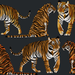 Fototapeta na wymiar Animal Tiger Art Seamless Pattern. Animal wildlife illustration Background Wallpaper. Safari Wildlife. Sequin embroidery style print. Ornament for clothes, textiles and interior