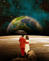 Contemporary art collage. Lovely young couple, man and woman standing on empty field and looking at...