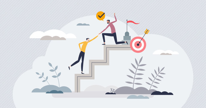 Power of mentoring and teacher strength for success tiny person concept. Help with motivation, development, growth and advices for effective development vector illustration. Partnership support reach