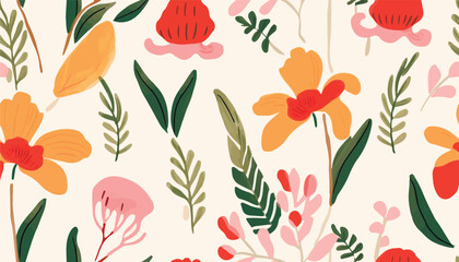 Modern hand drawn flowers pattern. Romantic beautiful botanical print. Unique fashionable template for design.