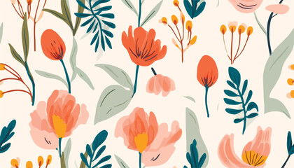 Modern hand drawn flowers pattern. Romantic beautiful botanical print. Unique fashionable template for design.