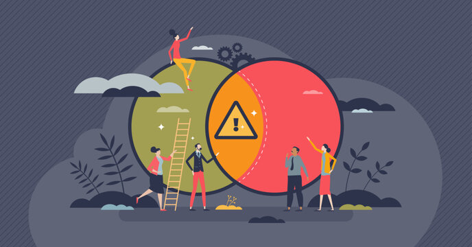 Conflict of interest as illegal personal benefit action tiny person concept. Unfair corporate or political situation with ethical frustration vector illustration. Two overlapping opinions and crisis.