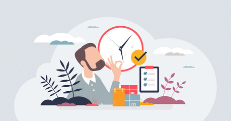 Just in time delivery or precise lean manufacturing tiny person concept. Effective logistic with high accuracy or reaction to demand vector illustration. Correct schedule for accurate and fast supply