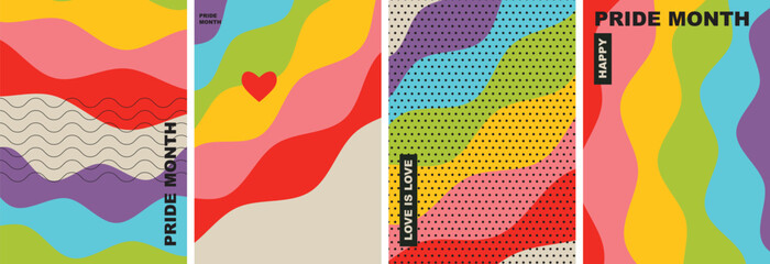 Happy Pride Month poster design template with rainbow flag backgrounds. Love is love concept. Perfect background for posters, cover art, flyer, banner, web. Simple flat vector illustration. - obrazy, fototapety, plakaty