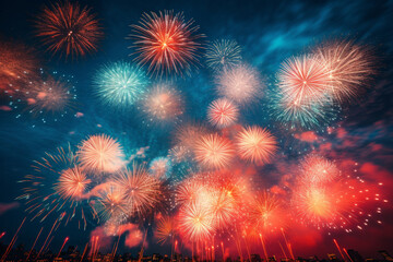 blue sky with fireworks. generative ai.