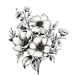Black and white flowers, sketch, clipart