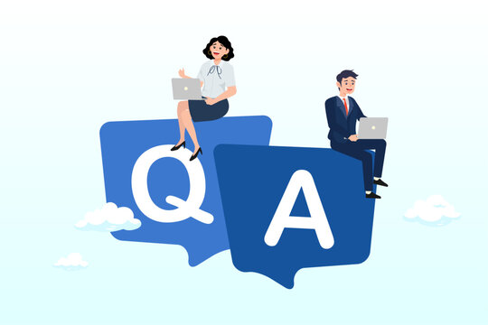 Business people working on dialog with question and answer, Q and A, question and answers, FAQ frequently asked question, information or solution to solve problem, resolution or advice (Vector)