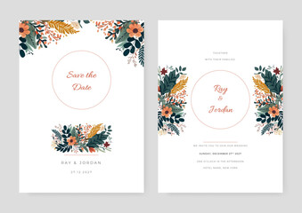Floral wedding invitation template set with watercolor roses and leaves decoration. Botanic card design concept