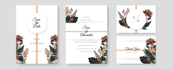 Dry floral wedding invitation card template design, with flowers and leaves. Template design with highly detailed, vector, realistic, spring flowers.