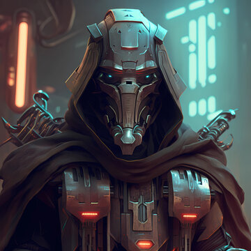 Dark cyborg in deep planet background for art design. Futuristic robot with weapon