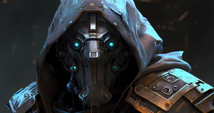 Futuristic dark cyborg background. Robot in deep planet