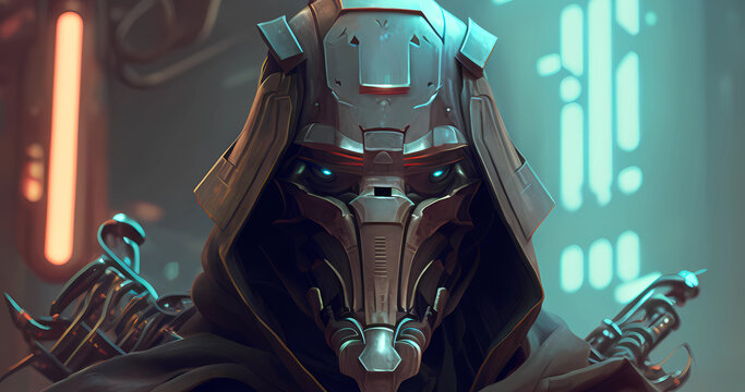 Futuristic dark replicant background. Robot in deep planet