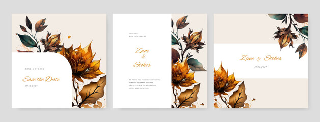 Fototapeta na wymiar Beautiful dry floral and leaf handdrawn wedding invitation card template