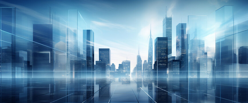 A modern city building with a blue background with a minimalist cityscape made of glass. modern city concept