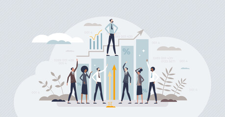 Achievements in business and finance for money profit tiny person concept. Successful money earning with effective sales work vector illustration. Company leader with professional progress and goals.