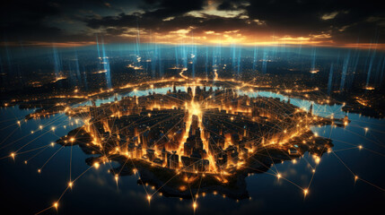 New York city on planet Earth with glowing network. Generative AI.