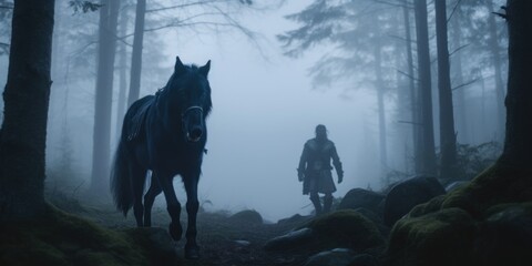 A norse scandinavian god Vidar walking a wolf-horse through a forest. Generative AI image.