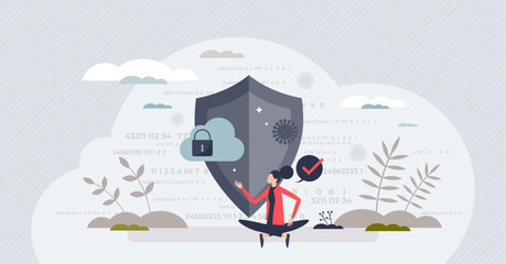 Data privacy and protection for safe private file storage tiny person concept. Information safety and network encryption as digital shield against attackers, hackers and crime vector illustration.