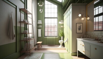 beautiful olive colored bathroom with large windows in an attic apartment