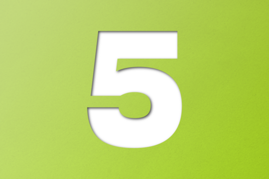 number cut paper 5 green isolated on transparent background