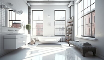 Fototapeta na wymiar beautiful white bathroom with large windows in a loft apartment