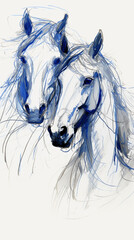 blue horses watercolor drawing 