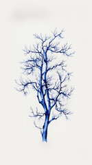 blue ink trees drawing minimalist on white background 