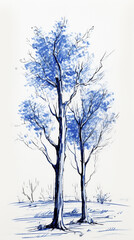 blue ink trees drawing minimalist on white background 