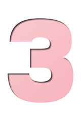 number cut paper 3 pink isolated on transparent background