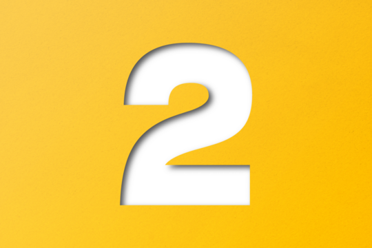 number cut paper 2 yellow isolated on transparent background