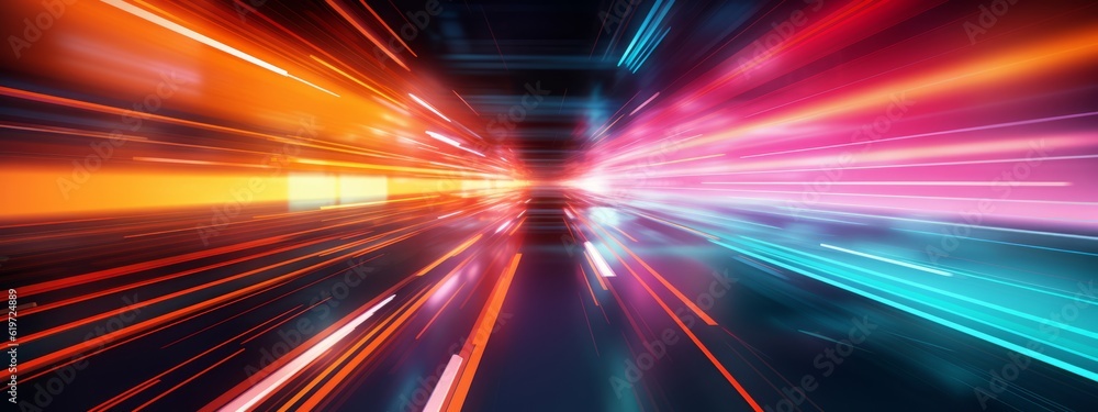 Poster Abstract speed glowing light bold colors background banner illustration - Speedy motion blur creating flashy pattern of straight lines for web banner and wallpaper design (Generative Ai)
