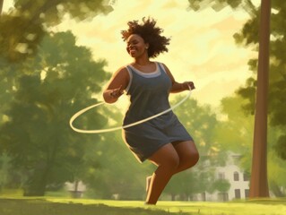 A painting of a woman playing with a hula hoop. Generative AI image.