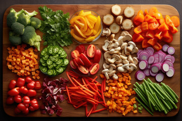 Fototapeta premium Top-down view of an array of fresh vegetables artfully arranged on a wooden cutting board. Generative AI.