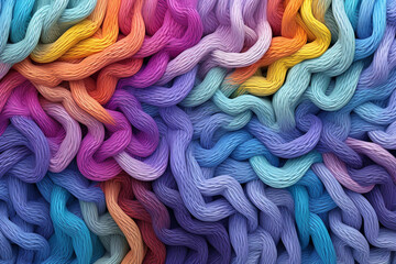 Many colorful Rainbow yarn for knitting. Twisted threads abstract background. Generative AI - obrazy, fototapety, plakaty